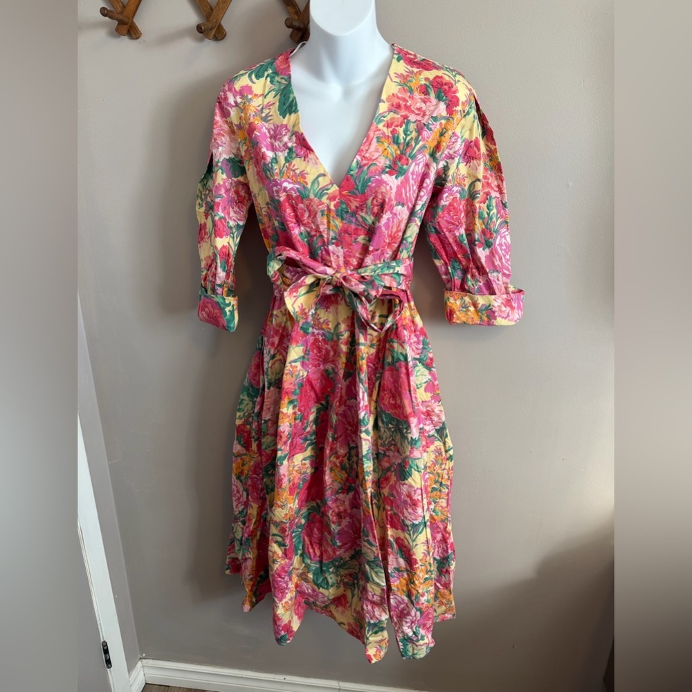 Zara Floral Cotton V-Neck Tie Waist Midi Dress Multicolor Small